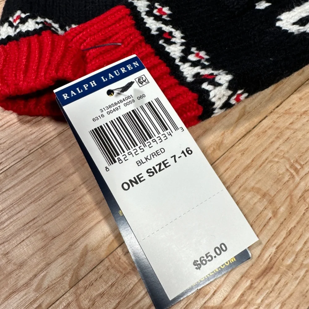 Polo Ralph Lauren Mittens Black Red One Size 7-16 Brand New With Tags